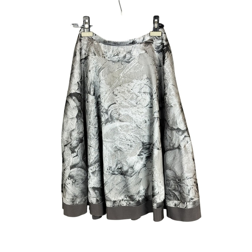Ted Baker Voluminous A-Line Midi‎ Skirt Silver Floral Pockets Metallic Jacquard